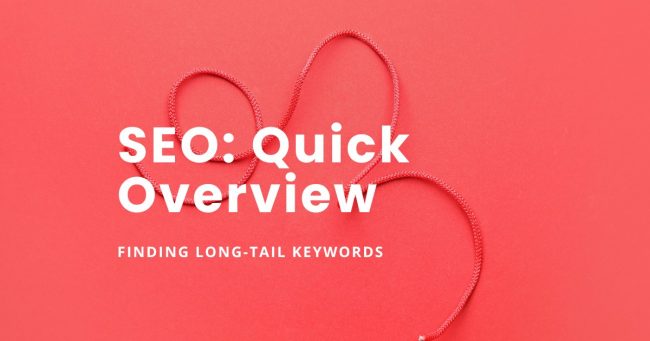 Finding long-tail keywords – Quick Overview SEO, quick overview, finding long-tail keywords Blog article featured image. Red string on a red background with white text